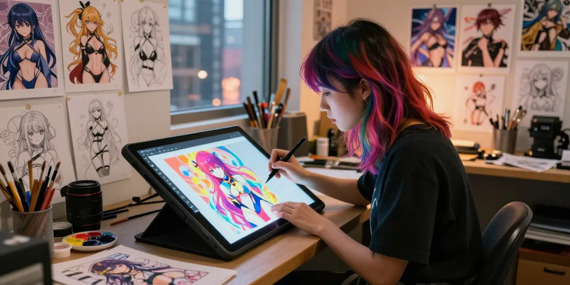 Artist creating stunning ai ecchi illustrations in a vibrant studio filled with sketches and digital tools.