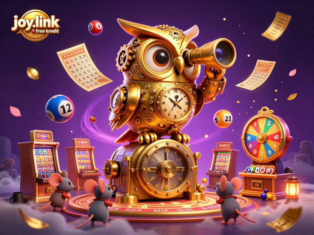 Experience fun with joy.link free kredit in an ultra-detailed casino illustration featuring a golden owl and vibrant lottery elements.