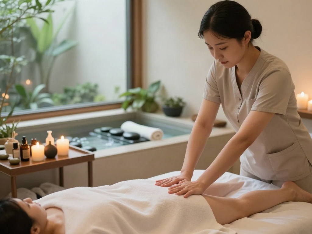 Relaxing 강서구출장안마 session in a tranquil spa environment with therapist and massage table.