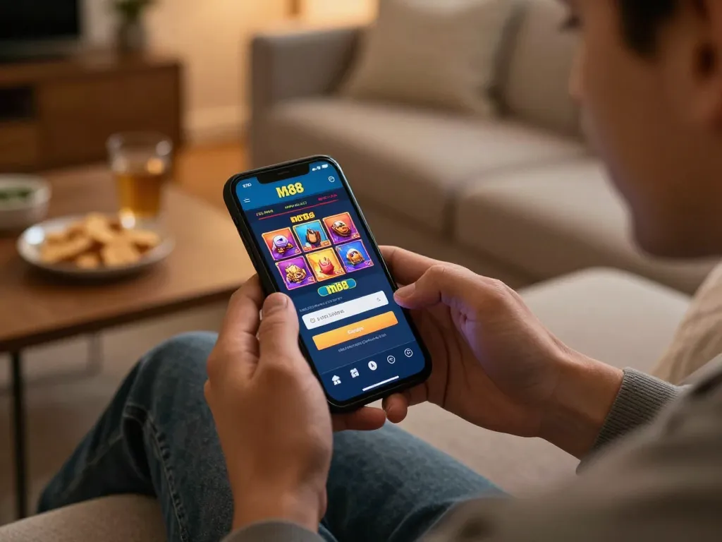 M88 login mobile interface displayed on a smartphone during a cozy home gaming session, illustrating user engagement.