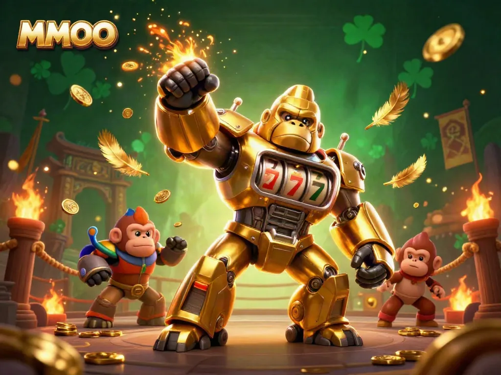 Experience thrilling gameplay at MMOO with golden gorilla mech and exciting casino elements.