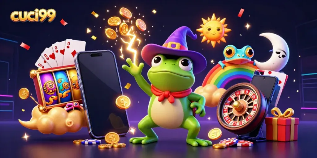 Experience the winning thrill at cuci99 with vibrant, cartoonish casino elements, gold coins, and game excitement.