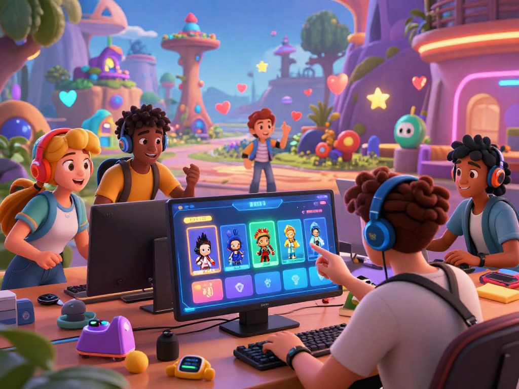 Dynamic scene of diverse characters in gay porn games interacting with colorful game interfaces.