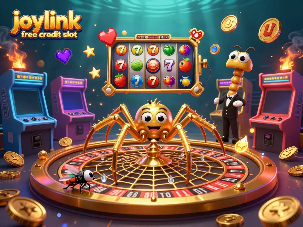 Watch the action unfold with joylink free credit slot as characters bet in a casino-themed 3D scene.