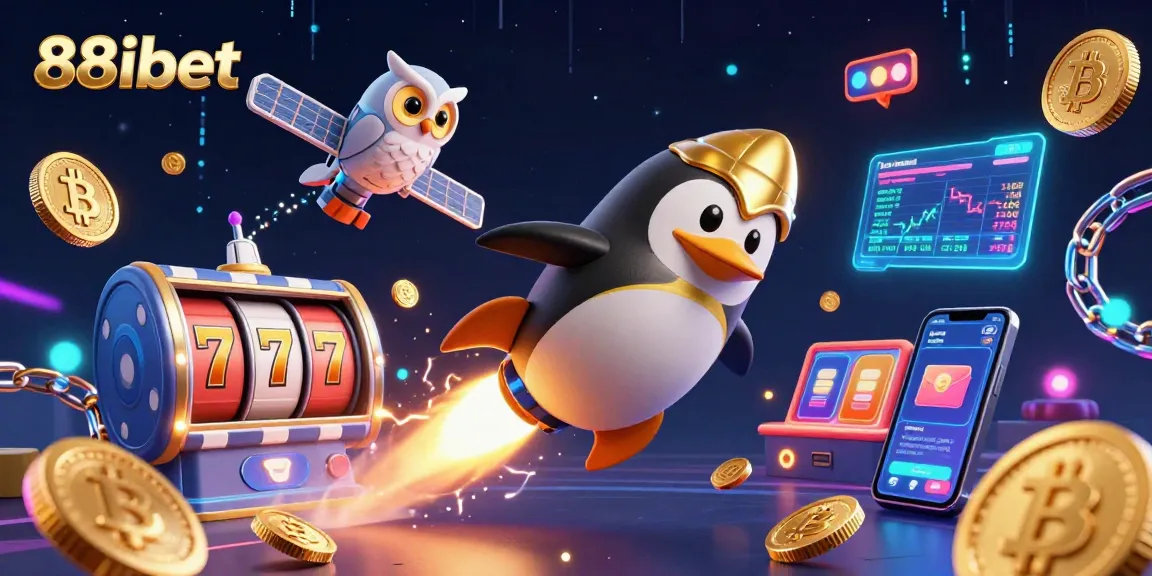 Experience the 88ibet casino excitement with a golden penguin and vibrant gaming elements in space.