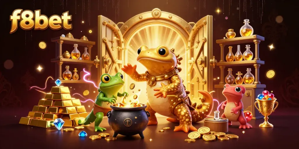 Experience gaming magic at F8BET with golden treasures and whimsical alchemy in a vibrant setting.