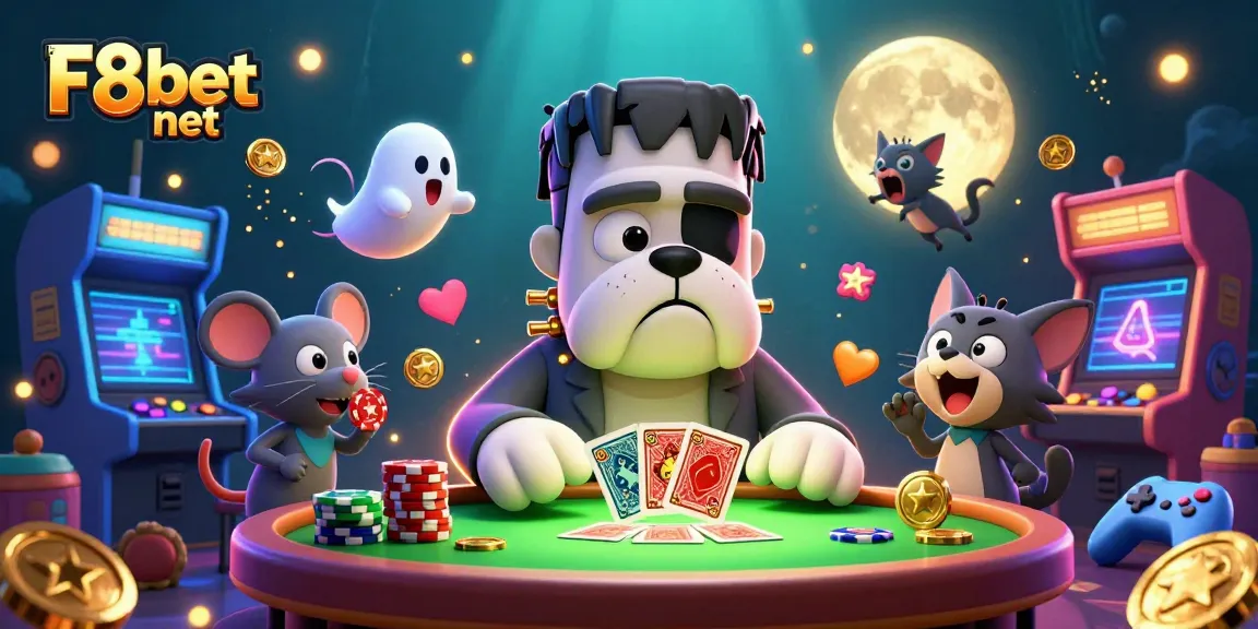 Experience the thrill of F8bet net with a lively cartoon casino scene featuring unique characters and vibrant gaming elements.