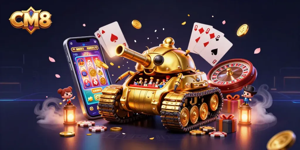 Spin and win big with CM8's vibrant, dynamic casino illustration featuring energized gaming elements.