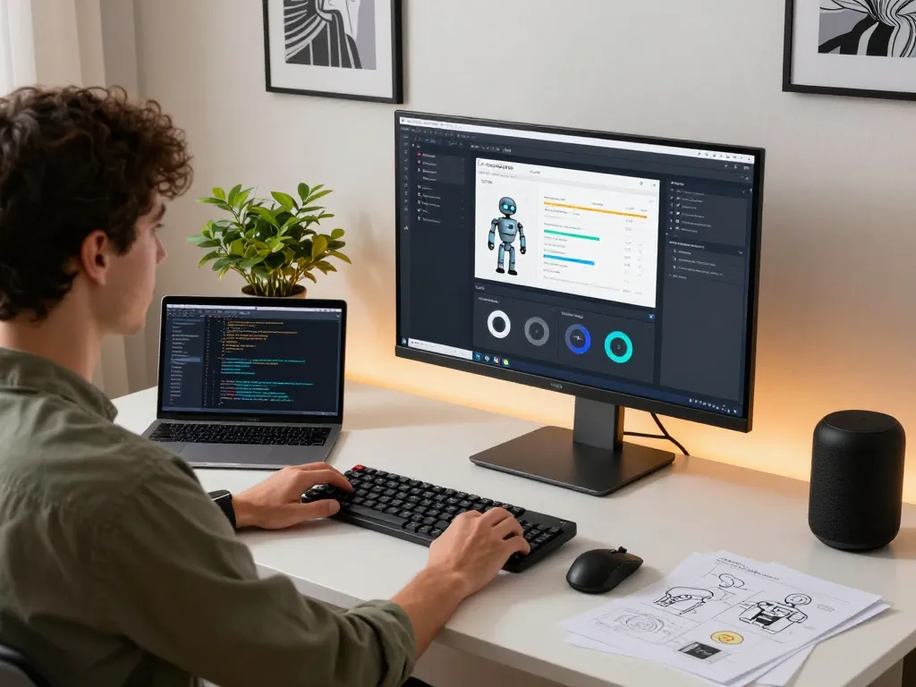 Developer using Clawdbot mac interface in a modern home office setting, showcasing a productive tech environment.
