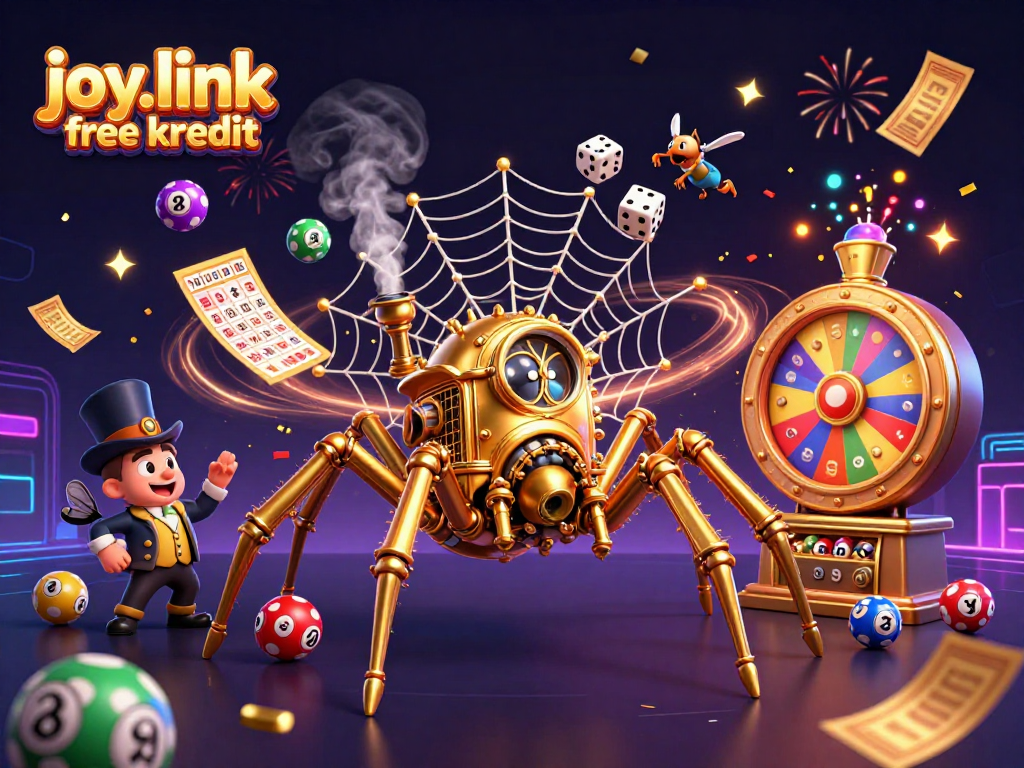 Engage with joy.link free kredit in this festive, steampunk casino scene featuring vibrant lottery elements.