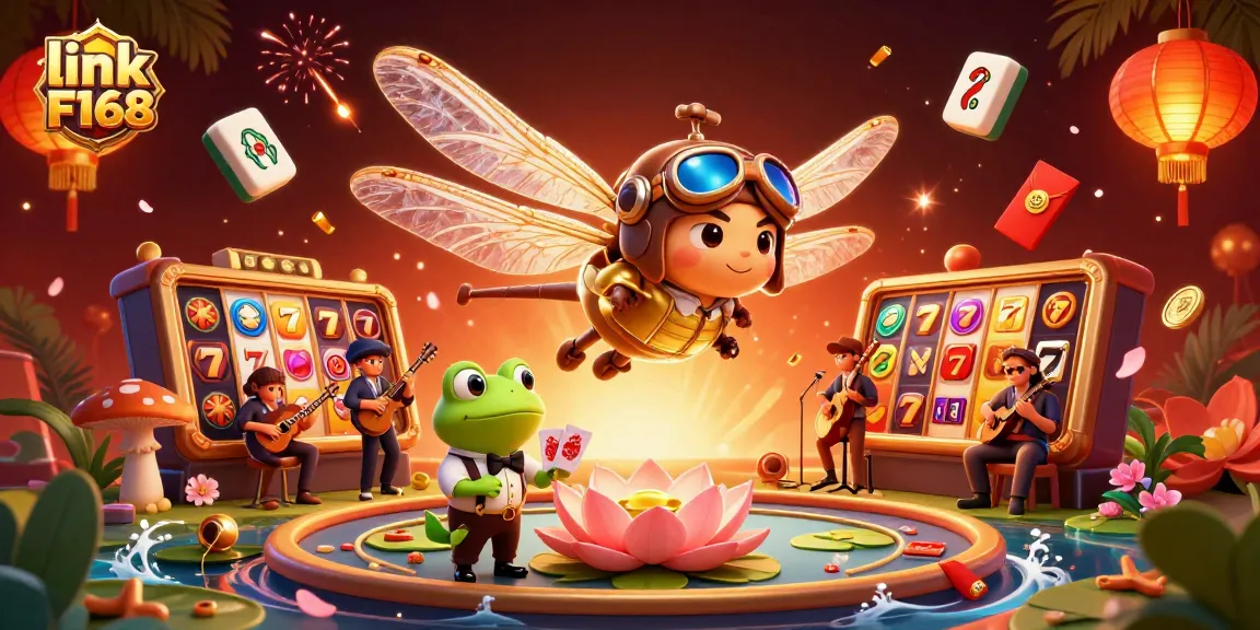 Engage with link F168's vibrant casino action featuring a lively dragonfly pilot and a frog dealer.