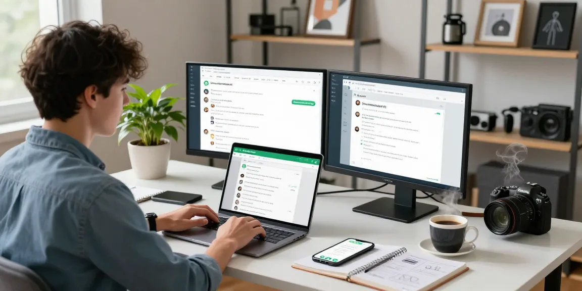 Work environment showcasing WhatsApp網頁版 on laptop with a productive atmosphere.
