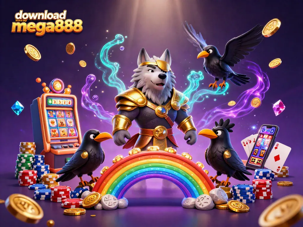 Spin and win with the download new mega888 app, featuring Norse-inspired characters amidst cascading gold coins.