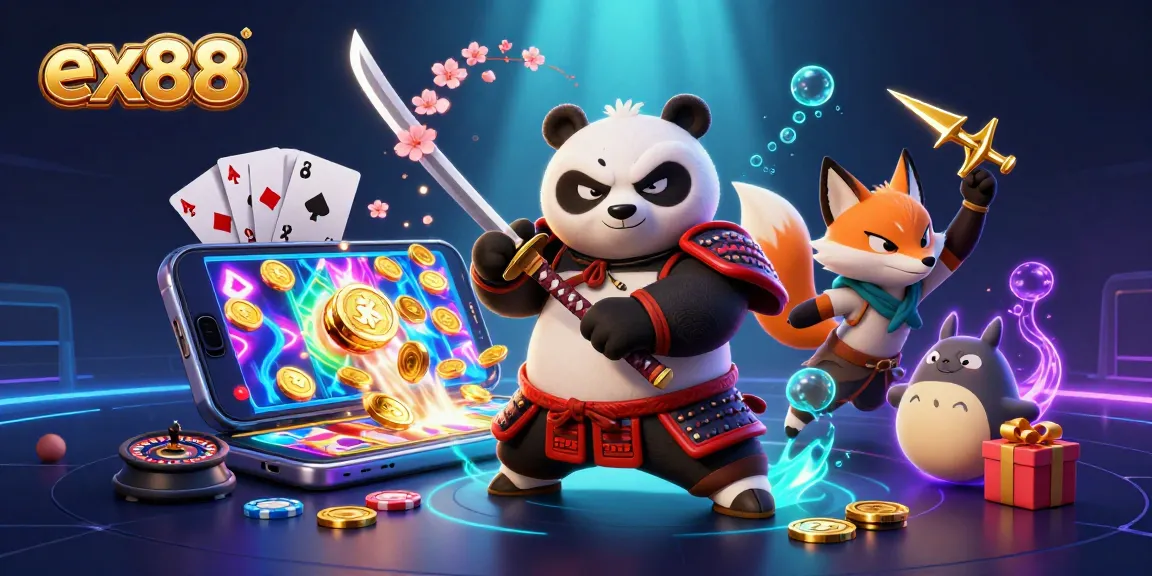 Experience the vibrant world of ex88 with samurai panda and ninja fox amidst exciting casino action.