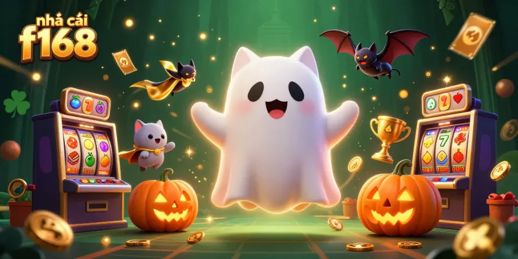 Experience the thrill of nhà cái f168 with a ghost cat and a vampire bat in a vibrant casino setting.