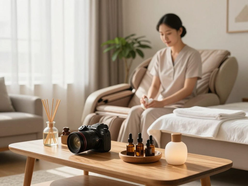 In-home 잠실출장안마 session with a professional therapist preparing a serene setting for relaxation.