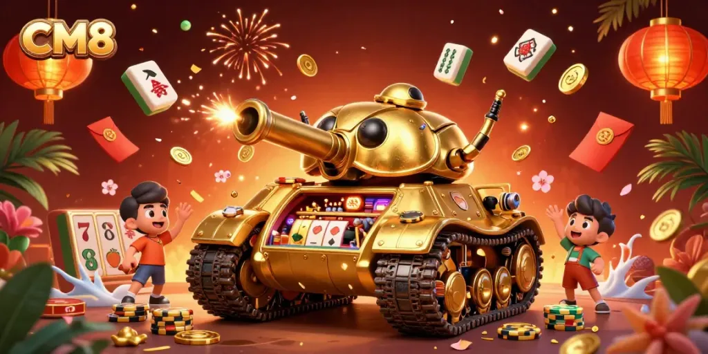 Experience the excitement of CM8 in an intricate casino scene with lively elements and golden details.