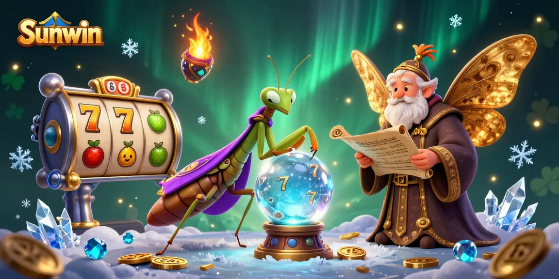 Sunwin showcases a mystical casino scene with a praying mantis fortune teller and classic slot elements.
