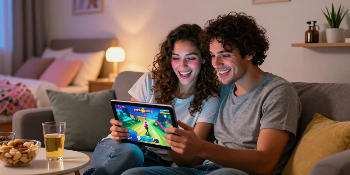 Couple playing NSFW apk game on tablet in cozy bedroom setting.