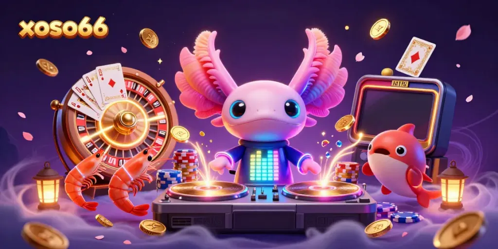 Experience the vibrant world of xoso66 with a colorful casino scene featuring exciting game elements and animated characters.