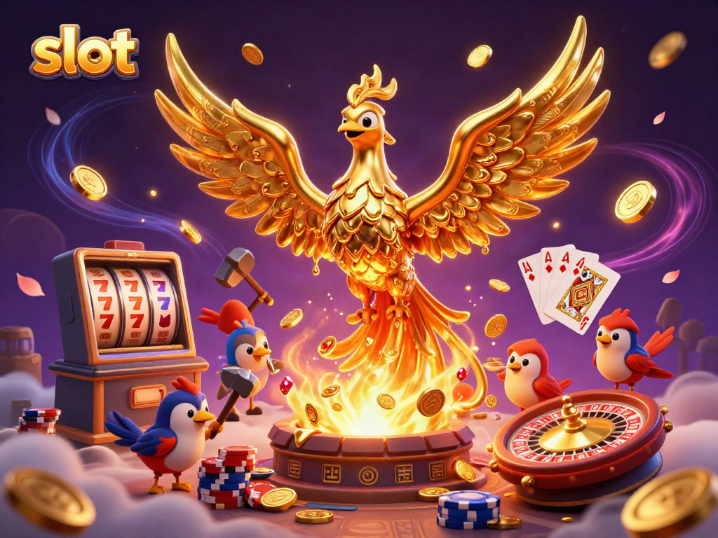 Experience thrilling slot chaos with a golden phoenix soaring amidst cascading coins and poker chips.