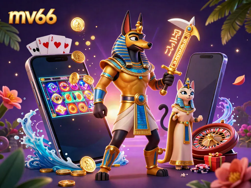 Experience exhilarating gameplay at mv66 with a vibrant illustration of Anubis and Bastet amidst casino elements.