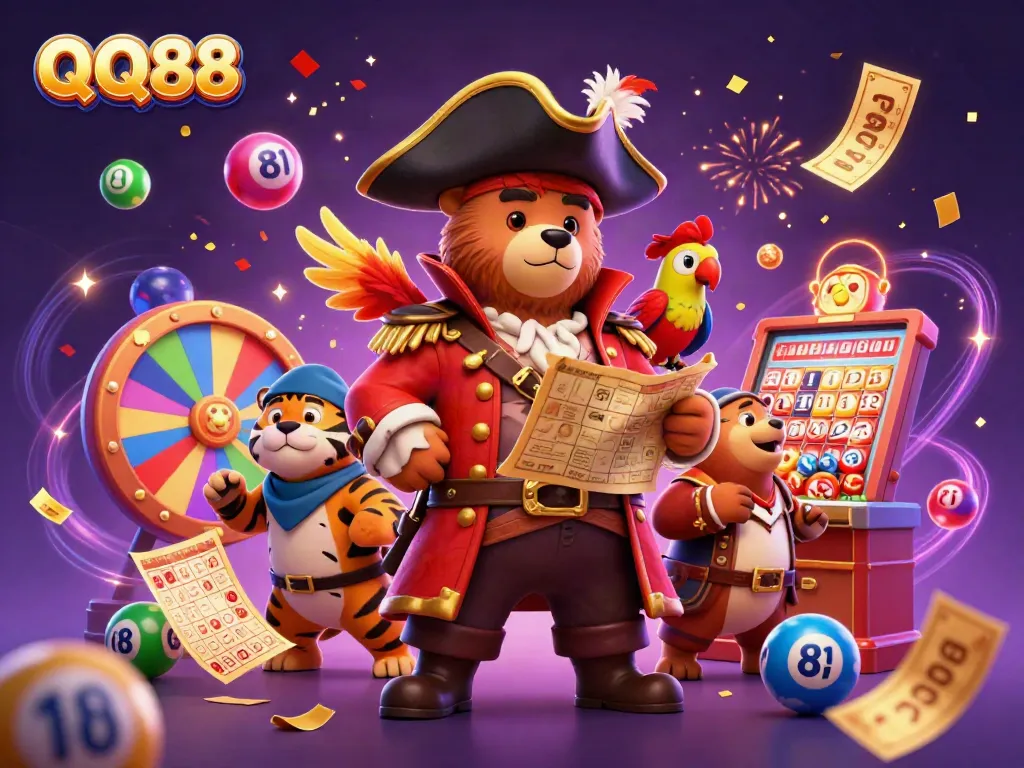 Experience excitement at QQ88 with a pirate bear, tiger first mate, and parrot amid colorful lottery elements.