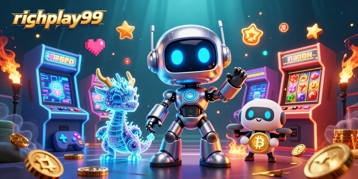 Win big with richplay99 in this lively casino scene featuring a cyberpunk robot and gaming elements.