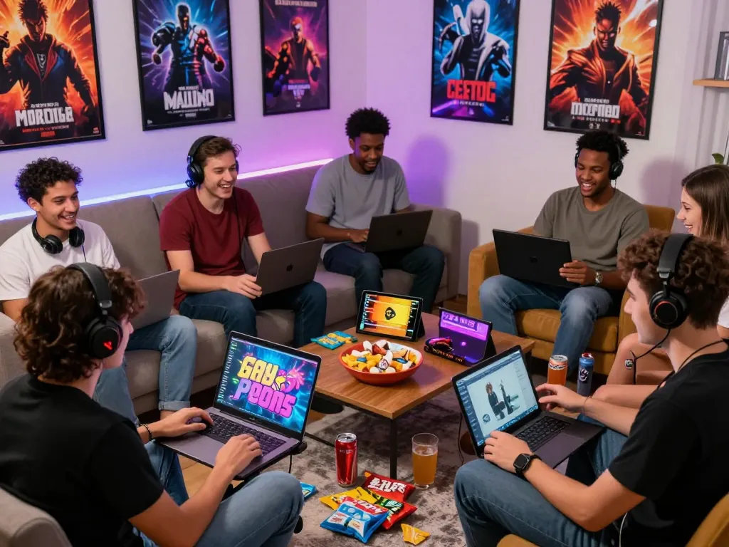 Engaged group playing gay porn games together on various devices in a cozy gaming setup.
