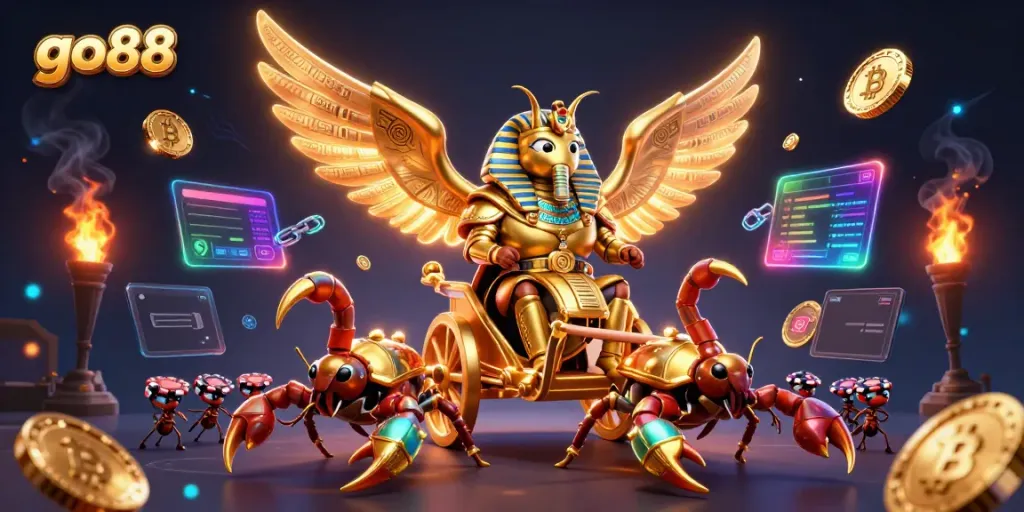 Engage with the vibrant world of go 88, featuring a golden scarab beetle and scorpions amid crypto coins.