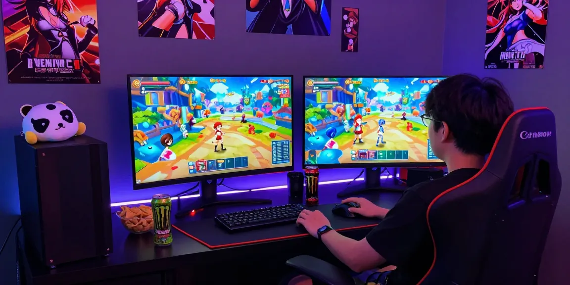 Engaged player exploring an immersive hentaigame in a vibrant gaming setup with colorful LED lights and accessories.