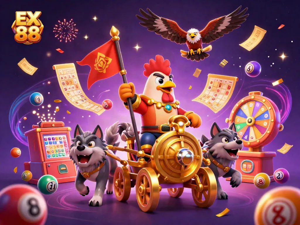 Celebrate gaming excitement with EX 88 in a vibrant 3D casino scene featuring dynamic lottery elements and a heroic rooster.