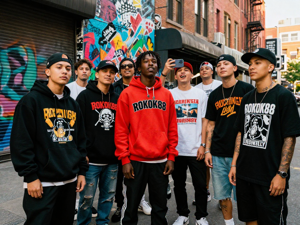 Vibrant urban fashion scene with young fans wearing exclusive rokok 88 merchandise, celebrating street style community.