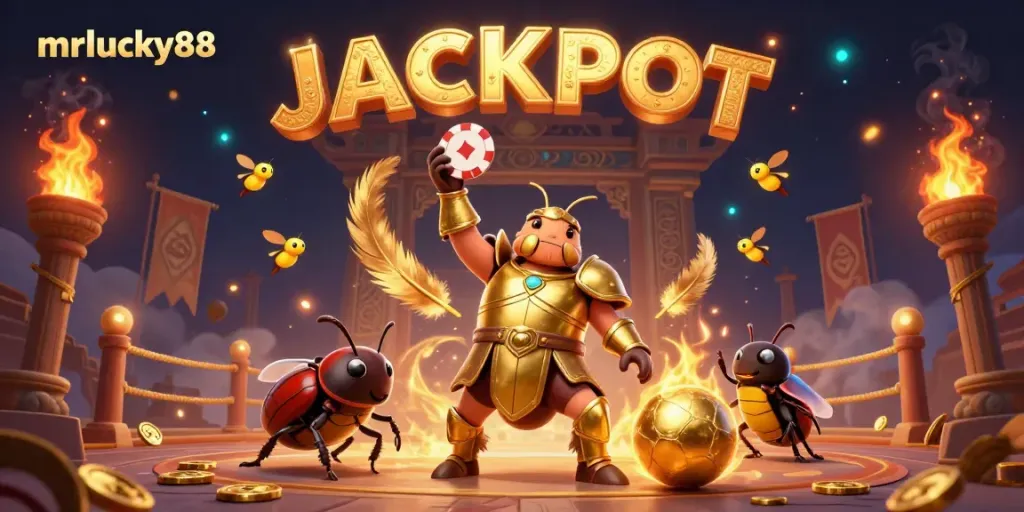 Win big at mrlucky88 with a lively casino scene featuring golden chips and vivid game elements.