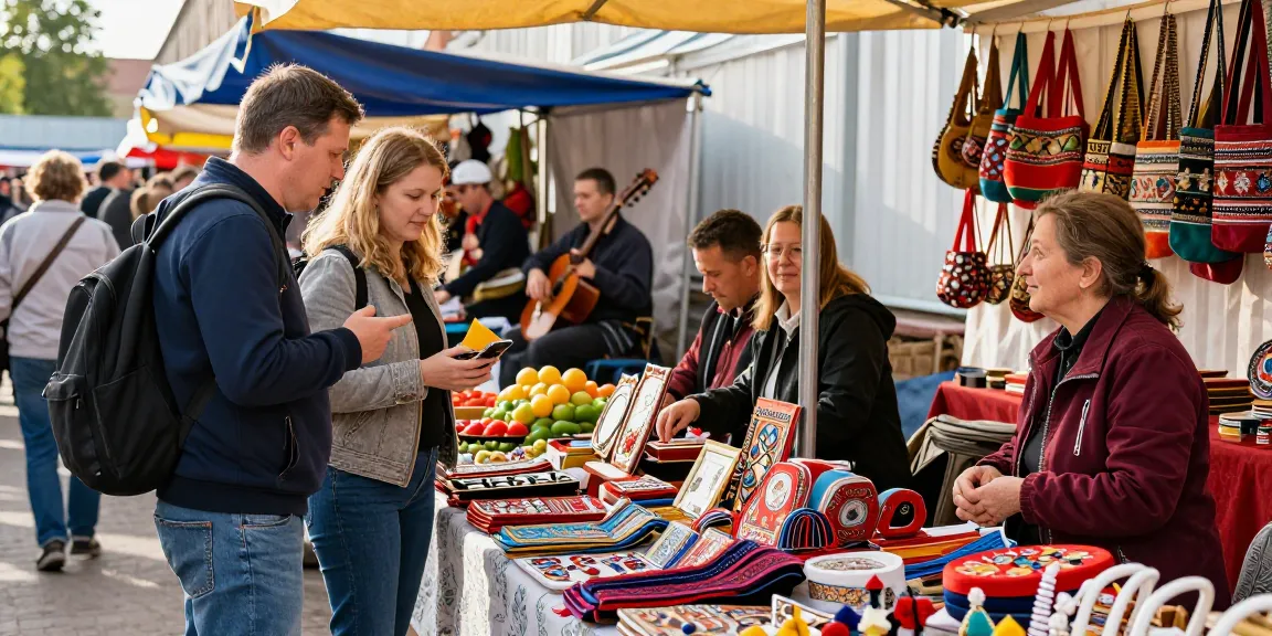 Pengunjung di pasar Rusia menggunakan https://payinrussia.com/ untuk membeli cenderamata tempatan.