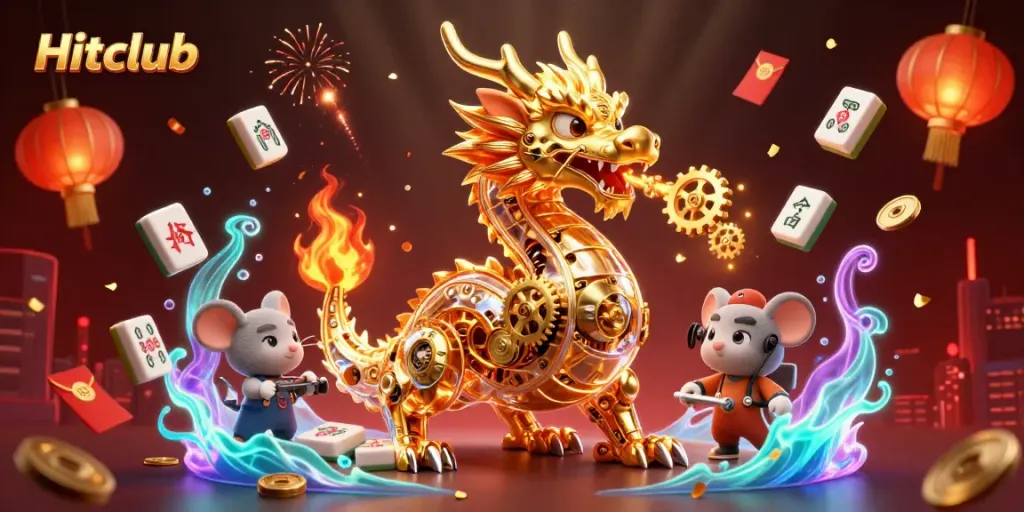 Hitclub showcases an impressive dragon character surrounded by vibrant casino elements in a colorful scene