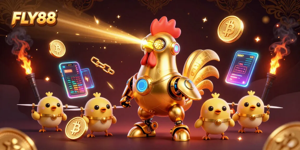 Win with FLY88's thrilling casino experience featuring golden rooster robots and crypto elements.