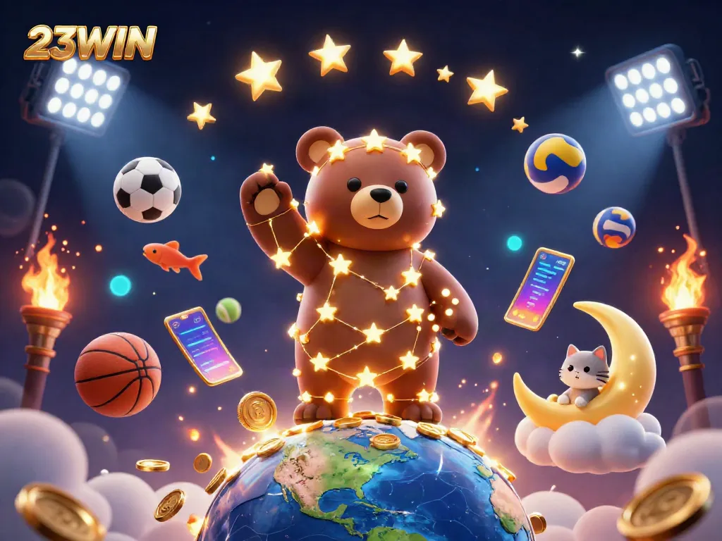 Engage with the thrilling world of 23WIN through this 3D digital illustration, showcasing a constellation bear and sports elements.