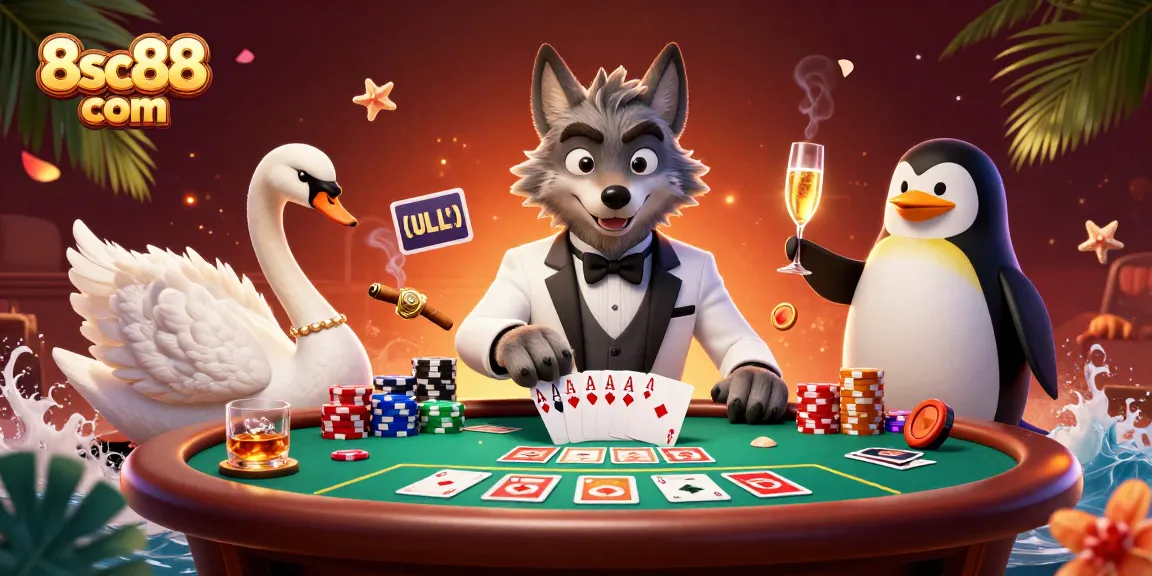 Engage with thrilling baccarat action at 8sc88 com featuring a debonair wolf and elegant swan.
