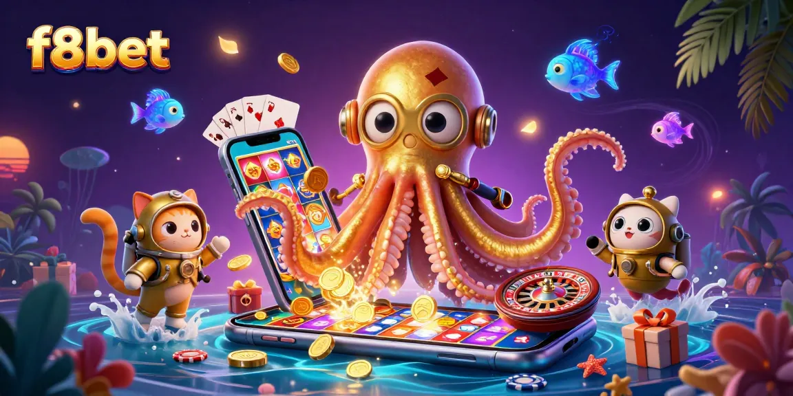 Experience thrilling gameplay with f8bet's dynamic online casino scene including a kraken and diving cat.