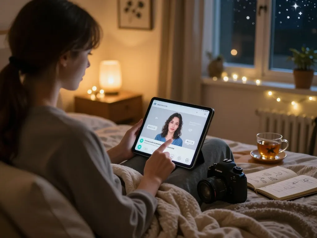 Engaging in ai sex chat on a tablet in a cozy bedroom setting with warm lighting.