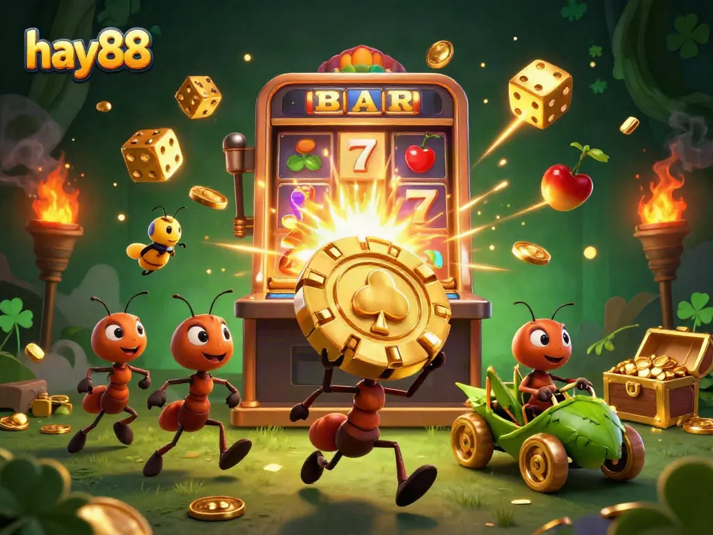 Experience the excitement of hay88 with ants on a heist, a golden chip, and a vibrant casino environment.