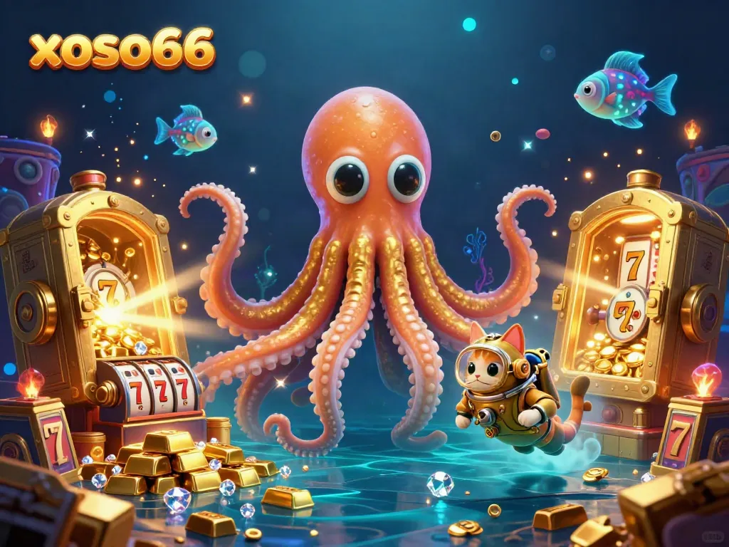 Experience excitement at xoso66 with a dynamic casino scene featuring a kraken, diving cat, and sparkling treasures.