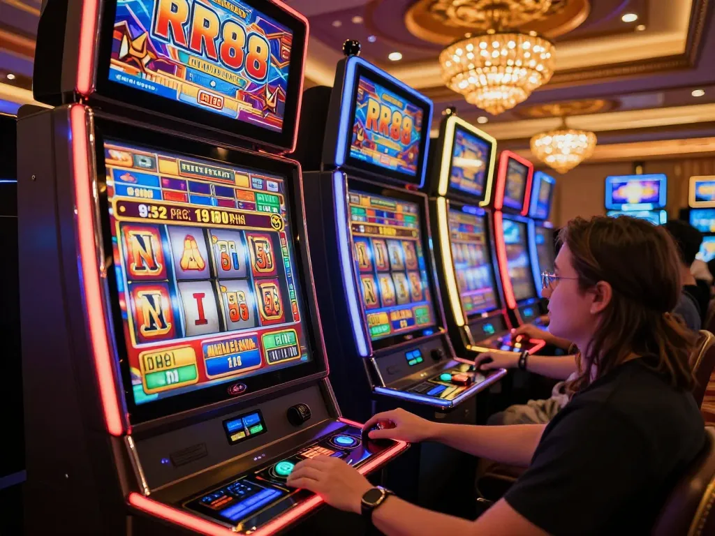 RR88 players engaging with vibrant slot machines, showcasing thrilling gaming action and excitement.