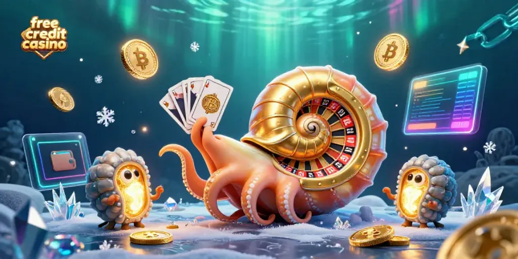 Engage in thrilling action at free credit casino with a hypnotic nautilus roulette centerpiece and shimmering coins.