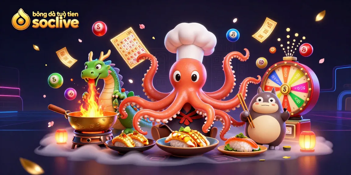 Experience bóng đá trực tuyến socolive with vibrant visuals of animated characters and lottery elements.