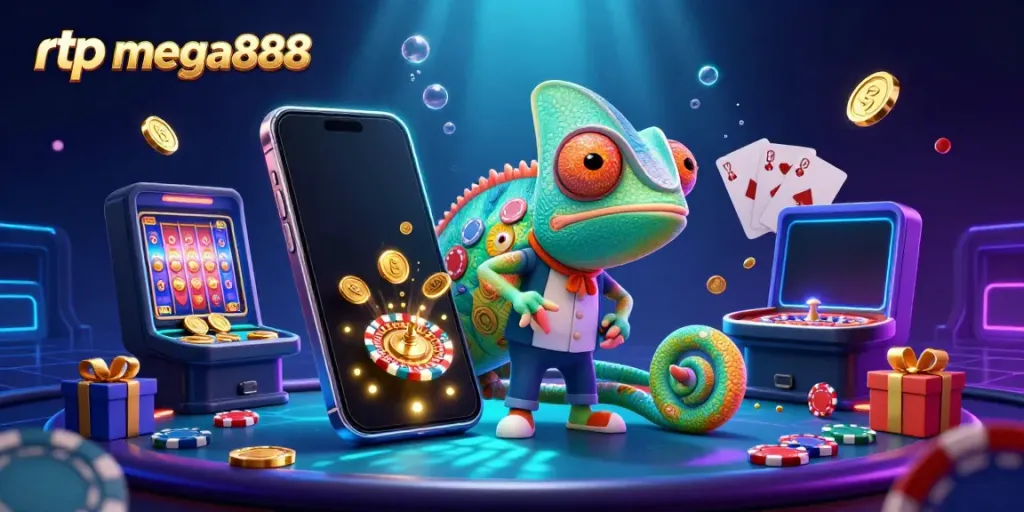 Experience the thrill of rtp mega888 with a vibrant casino scene featuring a chameleon character and dynamic game elements.