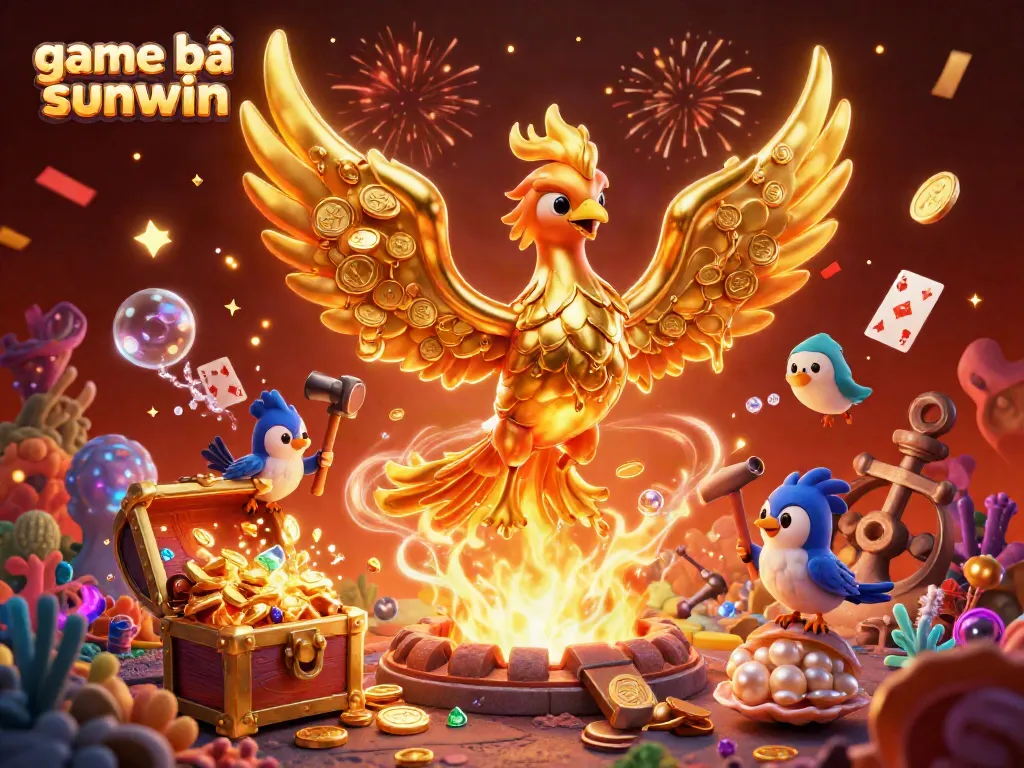 Experience the excitement of game bài sunwin with a golden phoenix and treasures in a dynamic 3D scene.