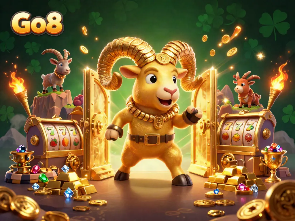 Engage with Go8's dynamic casino scene featuring a golden ram charging through a treasure vault.