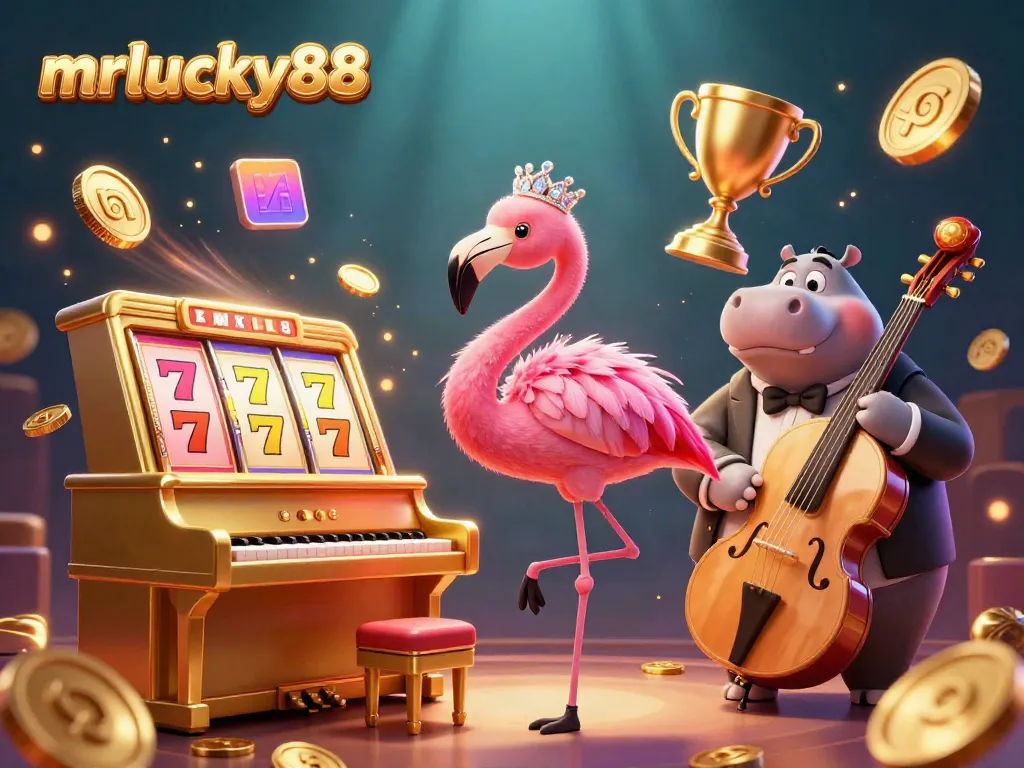 Join the fun at mrlucky88 with a vibrant 3D illustration of a flamingo singer and hippo bassist in a dynamic casino scene.